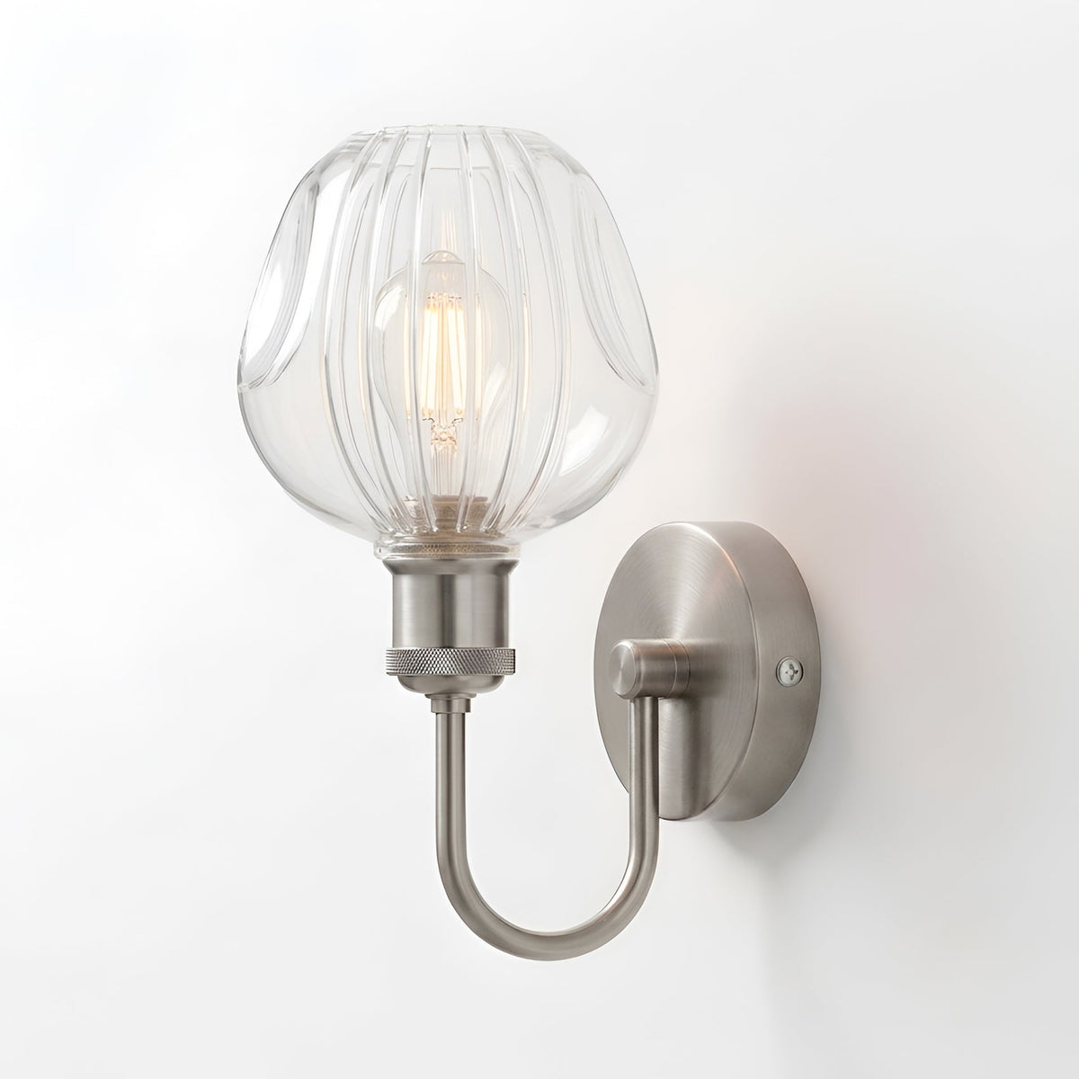 U-Arm Wall Light with Glass Shade – Chrome or Yellow Brass, E27 - Chrome, Ribbed Glass Clear, Without Bulb