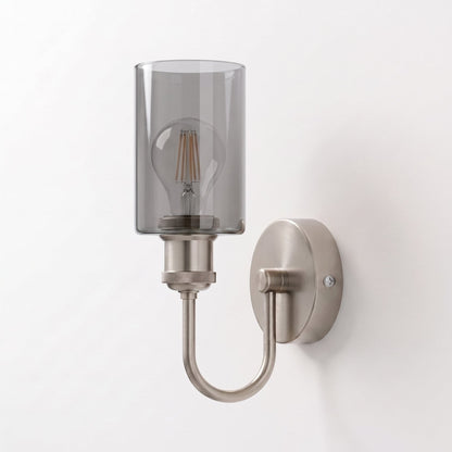 U-Arm Wall Light with Glass Shade – Chrome or Yellow Brass, E27 - Chrome, Cylinder Glass Grey, Without Bulb