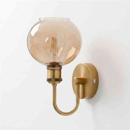 U-Arm Wall Light with Glass Shade – Chrome or Yellow Brass, E27 - Yellow Brass, Globe Glass 15 cm Amber, Without Bulb
