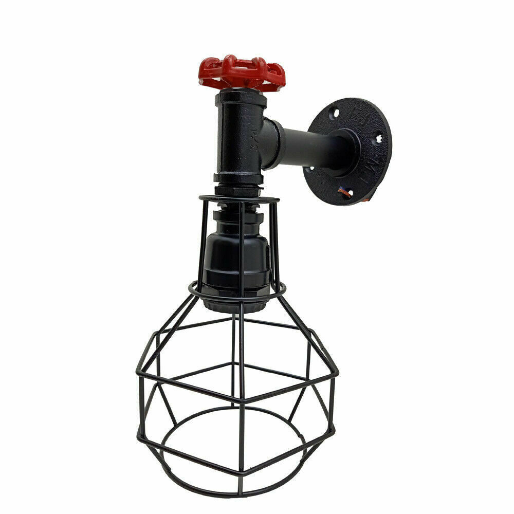 Water Pipe Wall Light with Cage and Red Valve – E27 - Black, No Shade, Without Bulb