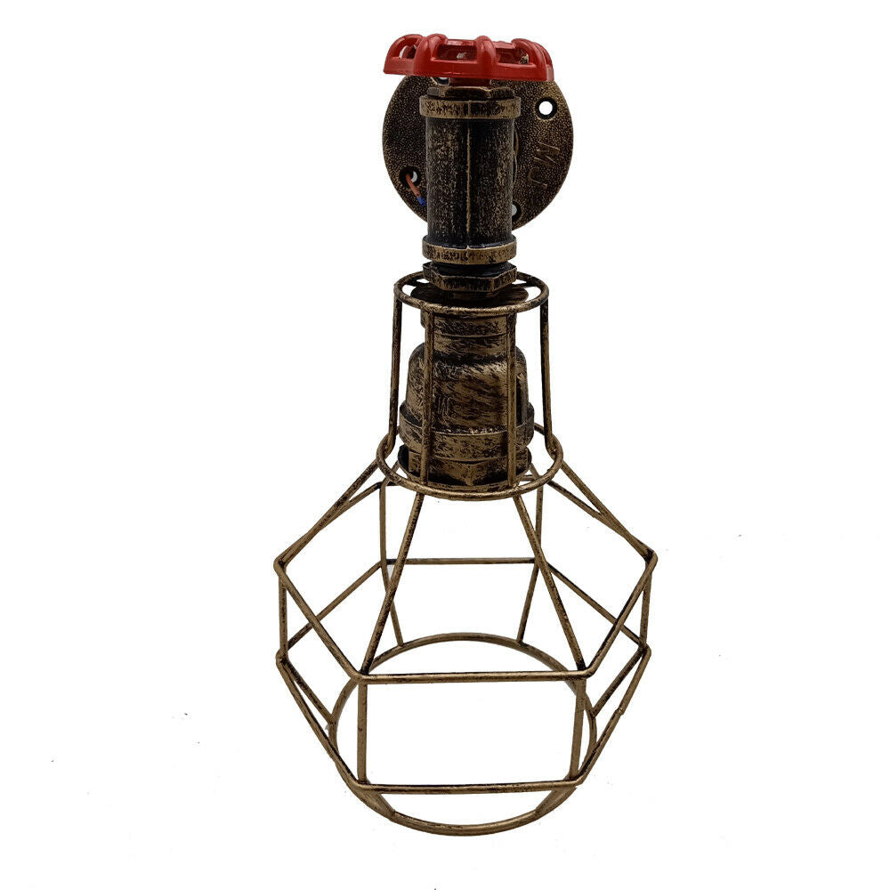 Water Pipe Wall Light with Cage and Red Valve – E27 - Brushed Copper, No Shade, Without Bulb