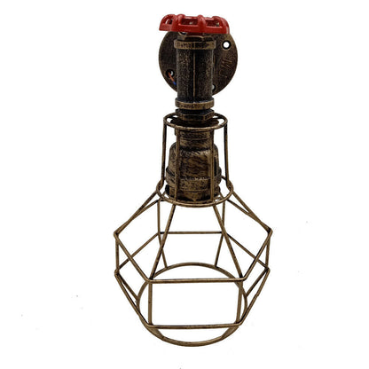 Water Pipe Wall Light with Cage and Red Valve – E27 - Brushed Copper, No Shade, Without Bulb