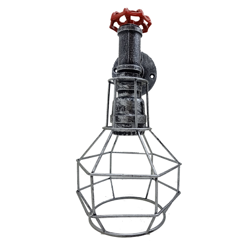 Water Pipe Wall Light with Cage and Red Valve – E27 - Brushed Silver, No Shade, Without Bulb