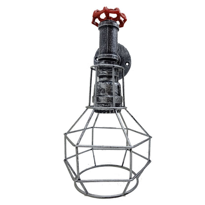 Water Pipe Wall Light with Cage and Red Valve – E27 - Brushed Silver, No Shade, Without Bulb