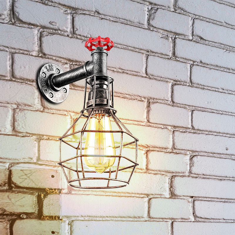 Water Pipe Wall Light with Cage and Red Valve – E27