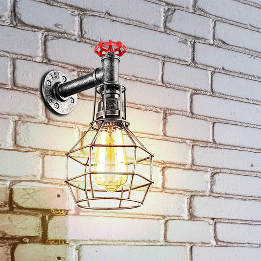 Water Pipe Wall Light with Cage and Red Valve – E27