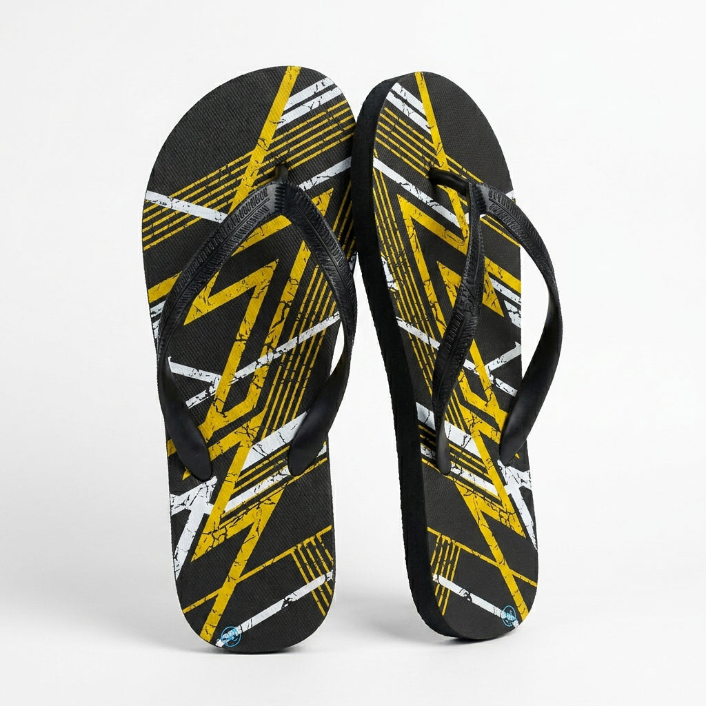 Unisex Rubber Flip Flops – Printed Design, Blue, Black or Brown, UK 6 to 11 - Black & Yellow, UK 11 (EU 45)