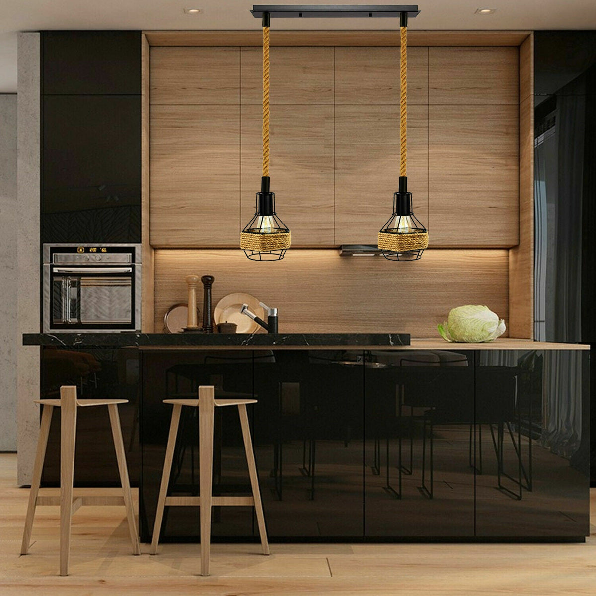 2-Light Hemp Rope Cage Bar Pendant – Black, E27 - photo 5