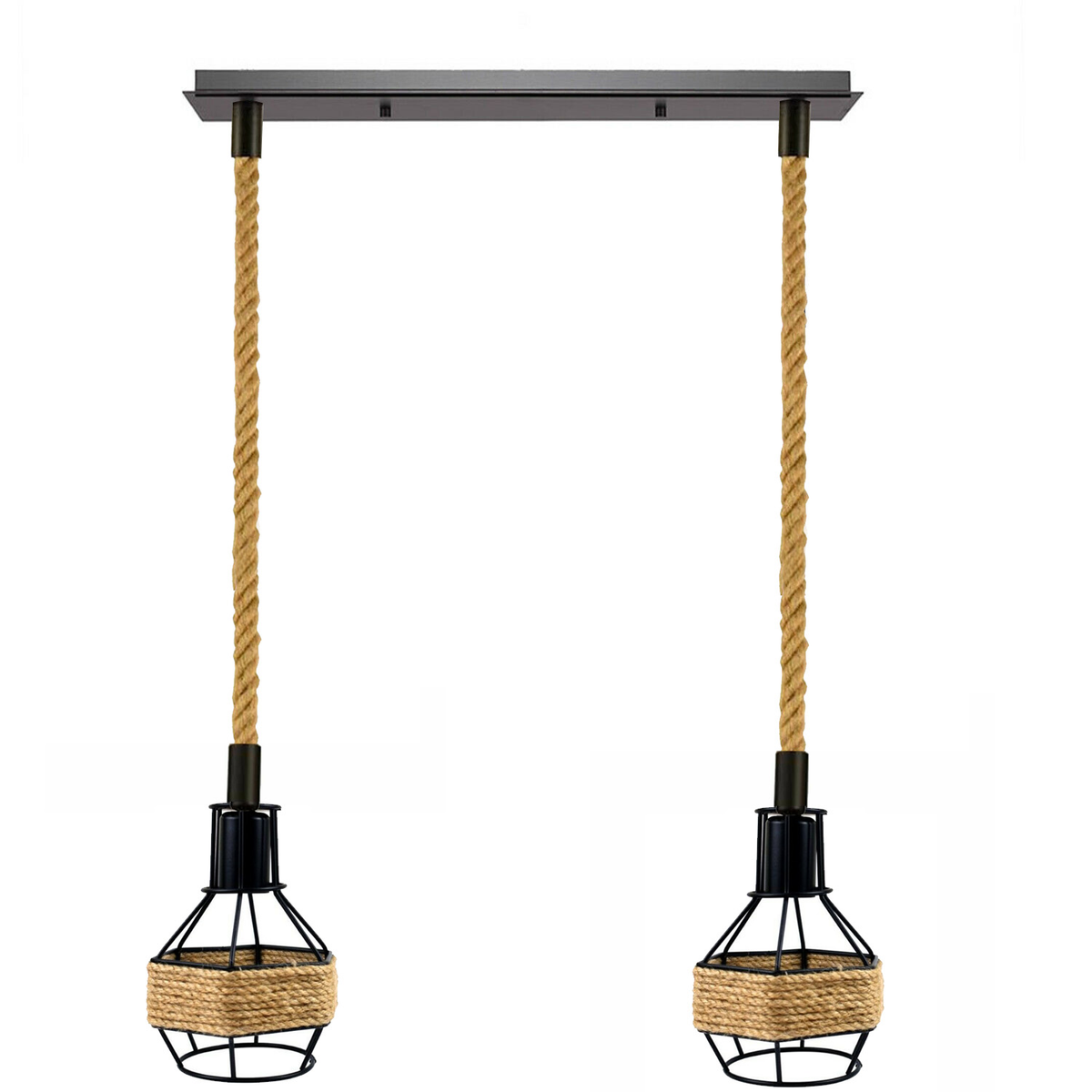 2-Light Hemp Rope Cage Bar Pendant – Black, E27 - Without Bulb, Black, Round Cage Black