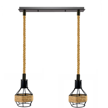 2-Light Hemp Rope Cage Bar Pendant – Black, E27 - Without Bulb, Black, Round Cage Black