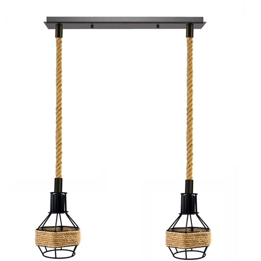 2-Light Hemp Rope Cage Bar Pendant – Black, E27 - Without Bulb, Black, Round Cage Black