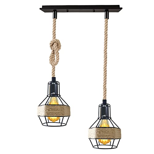 2-Light Hemp Rope Cage Bar Pendant – Black, E27 - ST64 Bulb, Black, Round Cage