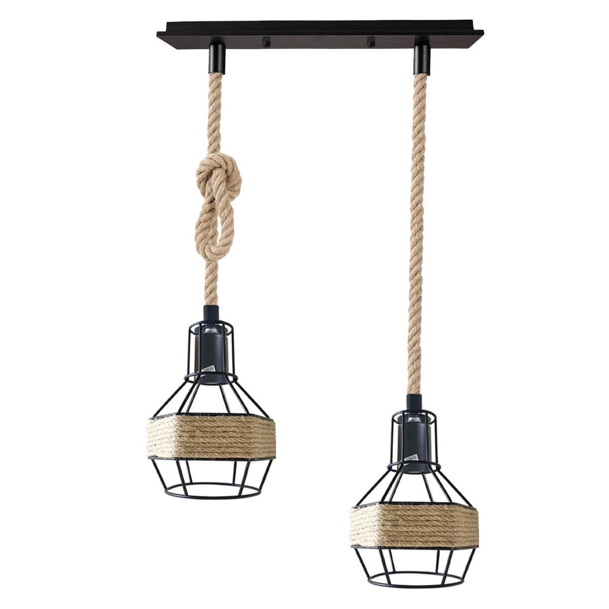 2-Light Hemp Rope Cage Bar Pendant – Black, E27 - Without Bulb, Black, Round Cage