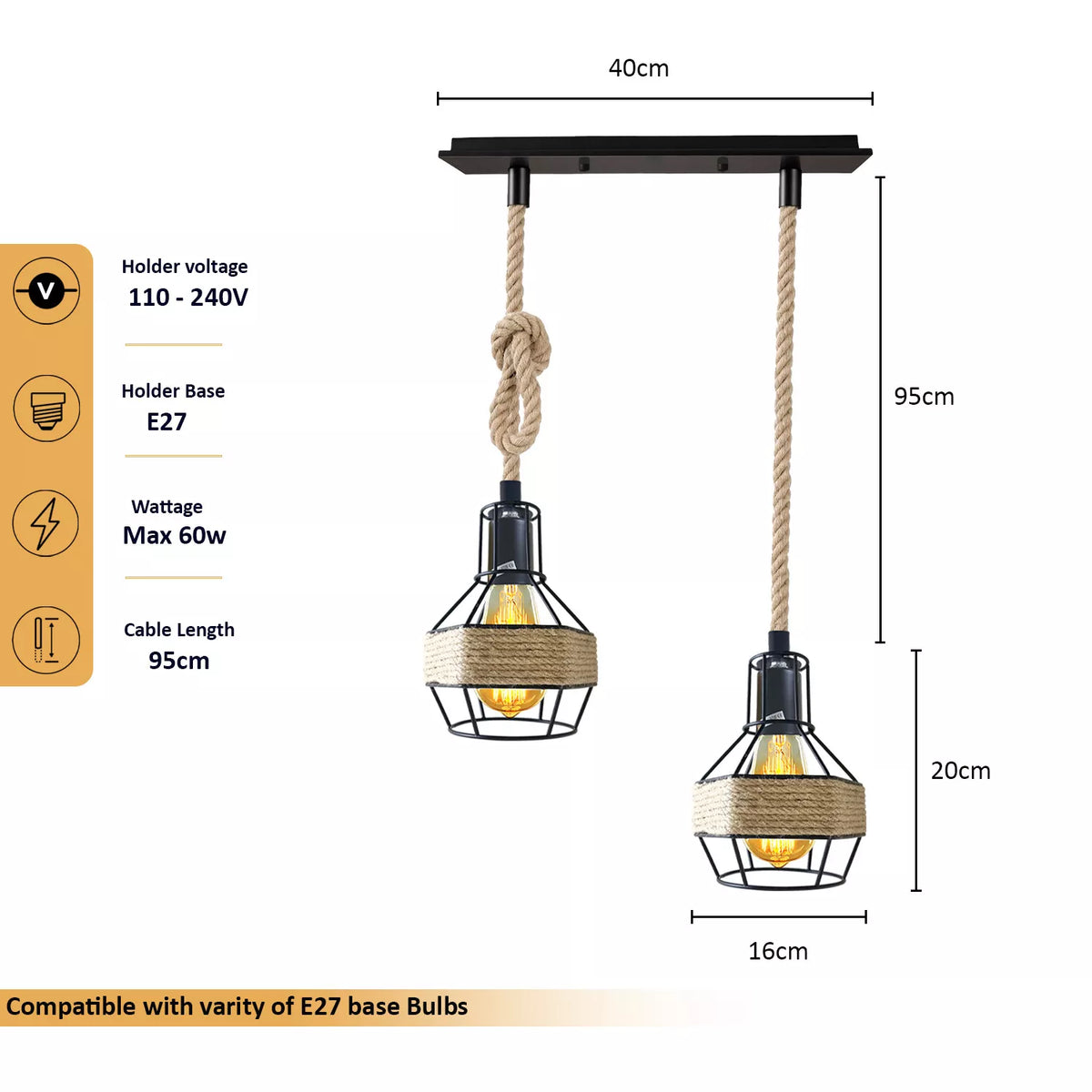 2-Light Hemp Rope Cage Bar Pendant – Black, E27 - photo 2