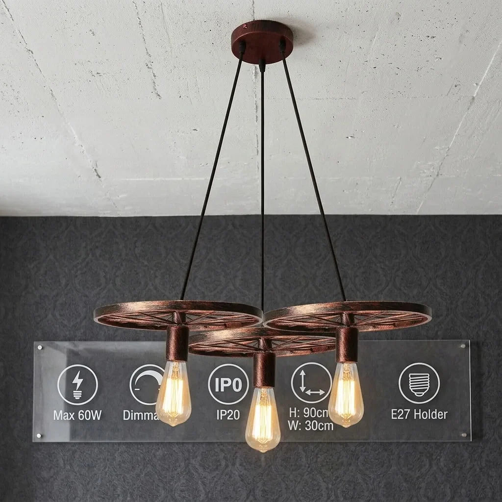 3-Light Wagon Wheel Pendant – Black or Brushed Silver, E27 - photo 6