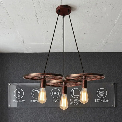 3-Light Wagon Wheel Pendant – Black or Brushed Silver, E27 - photo 6