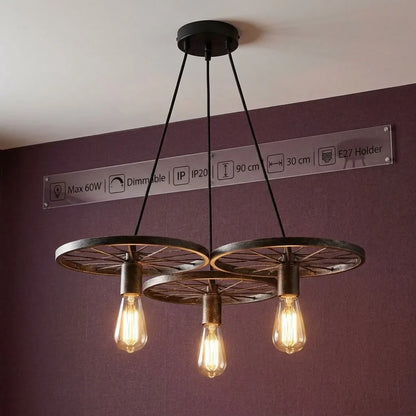 3-Light Wagon Wheel Pendant – Black or Brushed Silver, E27 - Brushed Silver, Without Bulb