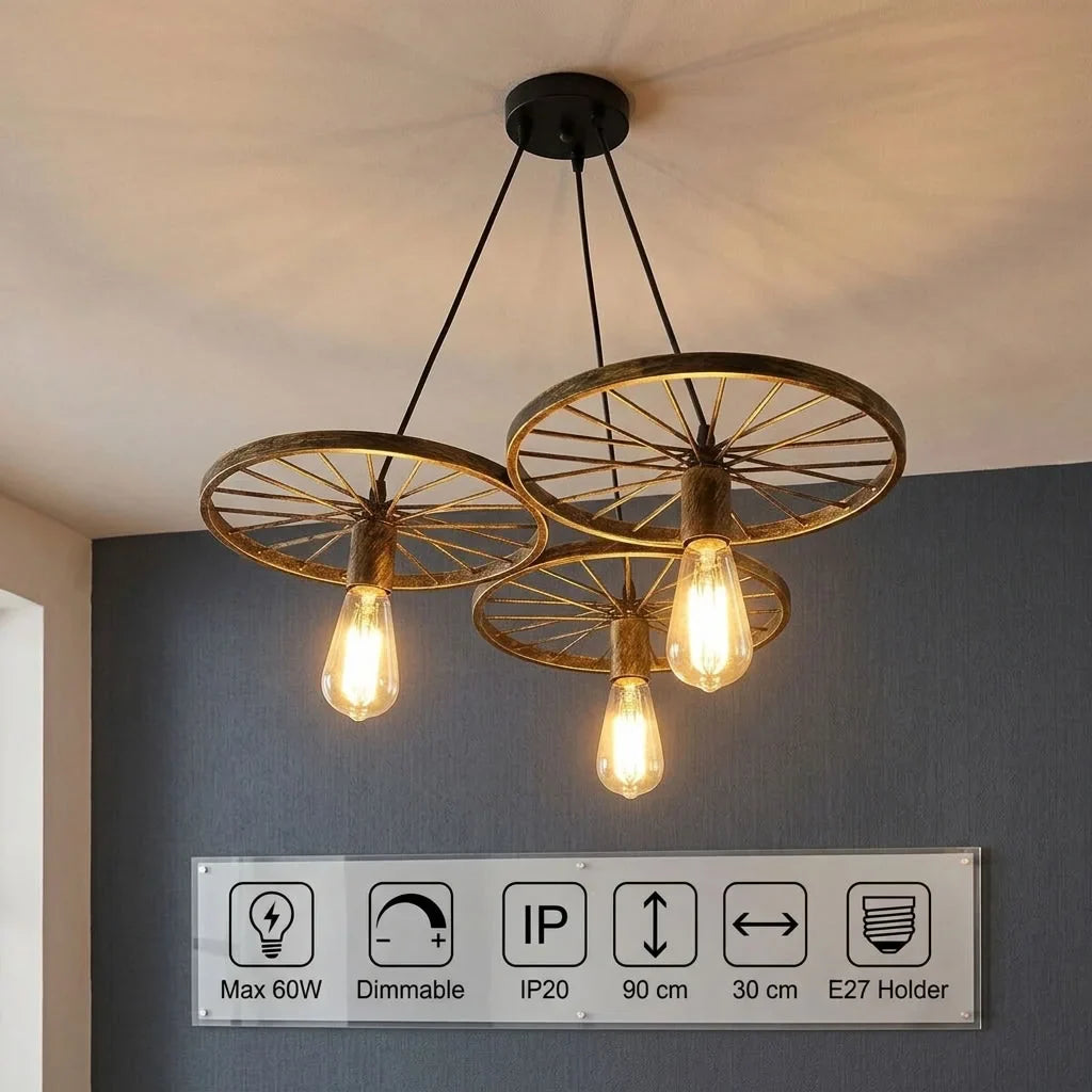 3-Light Wagon Wheel Pendant – Black or Brushed Silver, E27