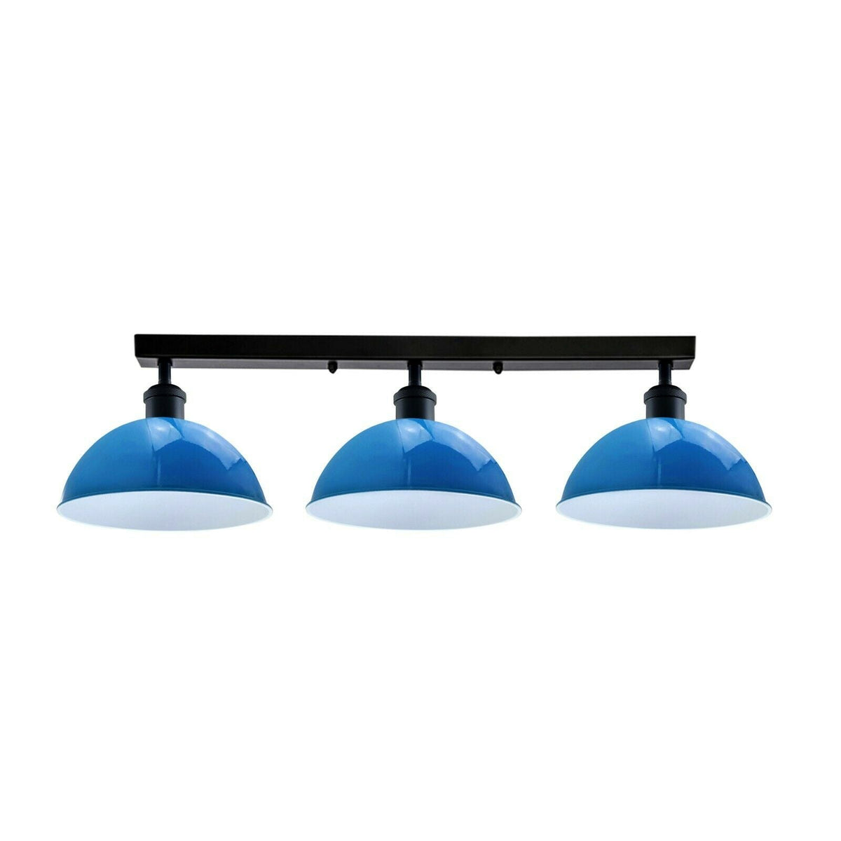 3-Light Semi Flush Ceiling Light – Round Plate or Bar, E27, 4 Finishes - Black, Dome 21 cm Blue, Without Bulb
