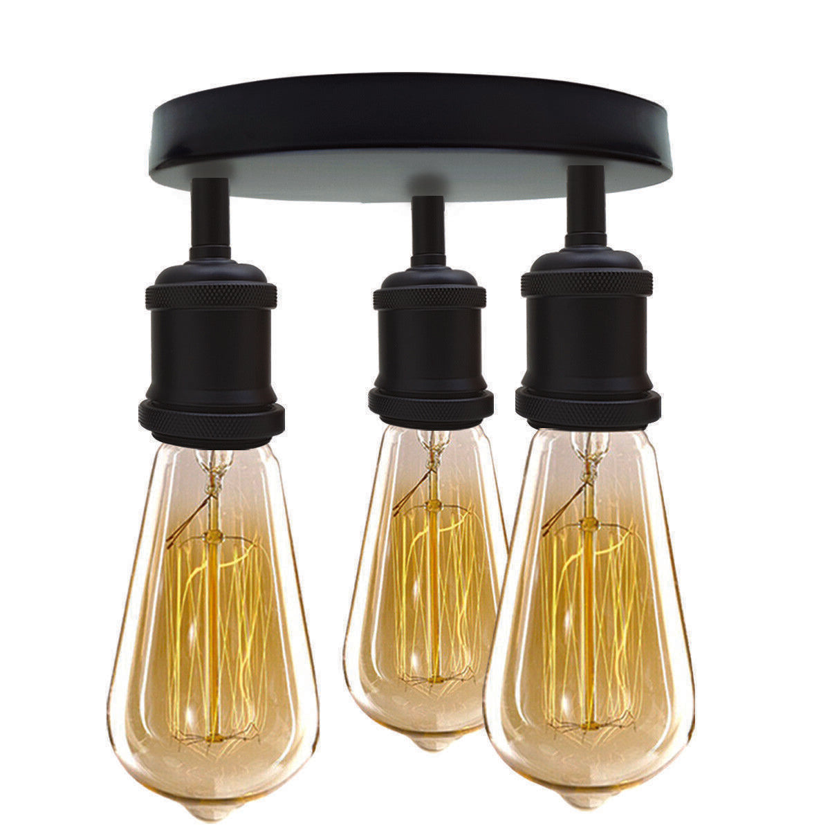 3-Light Semi Flush Ceiling Light – Round Plate or Bar, E27, 4 Finishes - Black, No Shade, Without Bulb