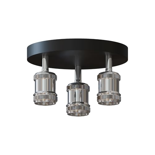3-Light Semi Flush Ceiling Light – Round Plate or Bar, E27, 4 Finishes - Chrome, No Shade, Without Bulb