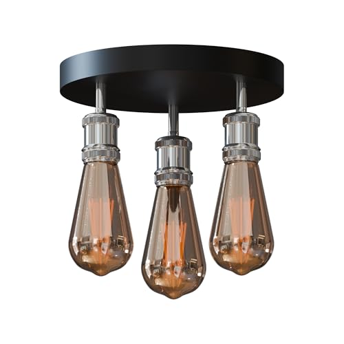 3-Light Semi Flush Ceiling Light – Round Plate or Bar, E27, 4 Finishes - Chrome, No Shade, ST64 Bulb