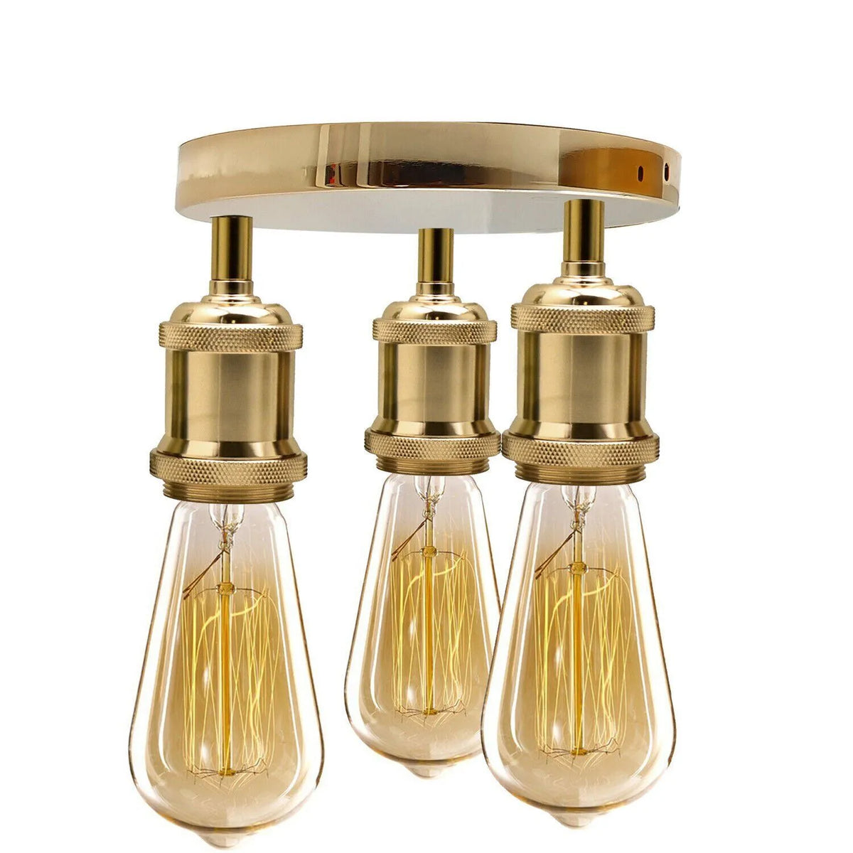 3-Light Semi Flush Ceiling Light – Round Plate or Bar, E27, 4 Finishes - French Gold, No Shade, ST64 Bulb