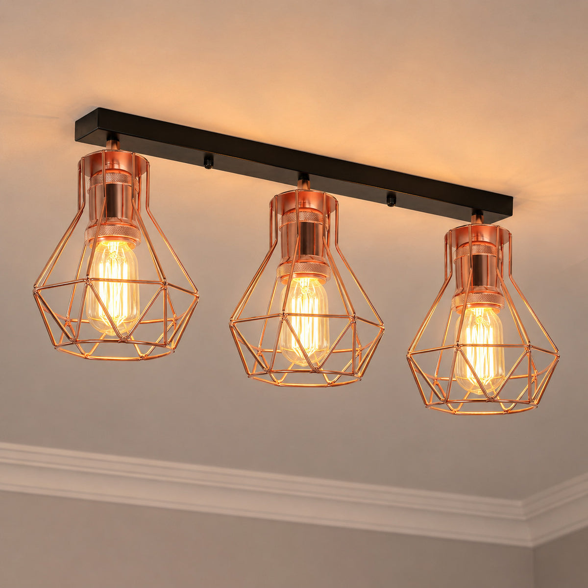 3-Light Semi Flush Ceiling Light – Round Plate or Bar, E27, 4 Finishes - Rose Gold, Diamond Cage Rose Gold, Without Bulb