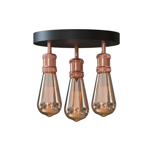 3-Light Semi Flush Ceiling Light – Round Plate or Bar, E27, 4 Finishes - Rose Gold, No Shade, ST64 Bulb