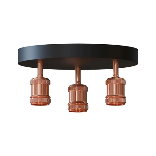 3-Light Semi Flush Ceiling Light – Round Plate or Bar, E27, 4 Finishes - Rose Gold, No Shade, Without Bulb