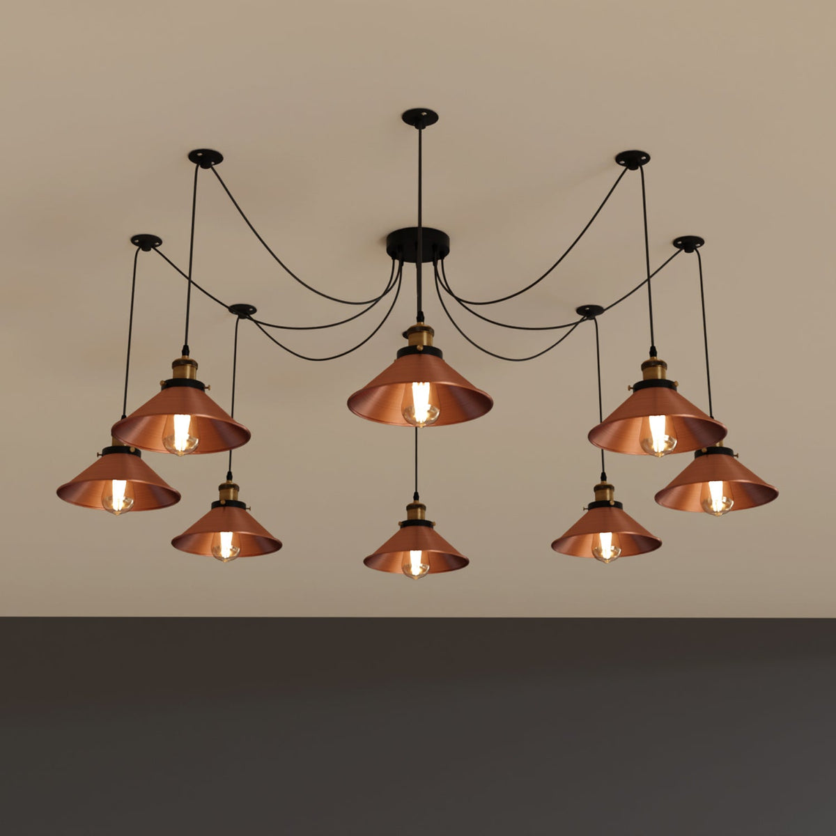 8-Light Spider Pendant – Flat Cone Shades, Black or Copper, E27 - Copper, Flat Cone 22 cm Copper, Without Bulb