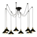 8-Light Spider Pendant – Flat Cone Shades, Black or Copper, E27 - Yellow Brass, Flat Cone 22 cm Black, Without Bulb