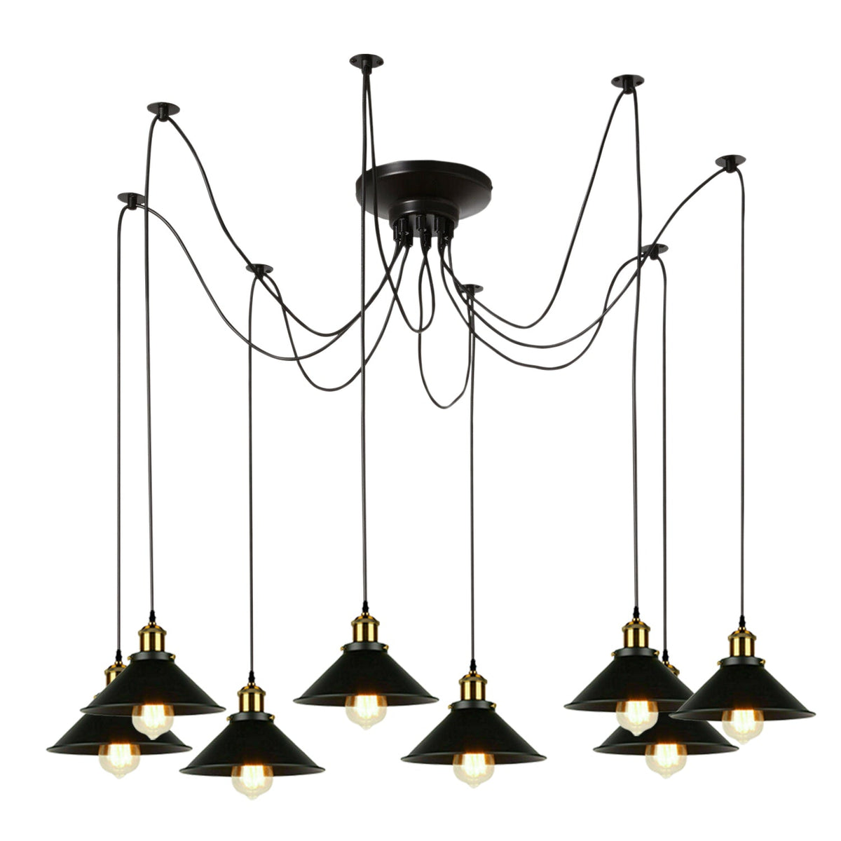 8-Light Spider Pendant – Flat Cone Shades, Black or Copper, E27 - Yellow Brass, Flat Cone 22 cm Black, Without Bulb