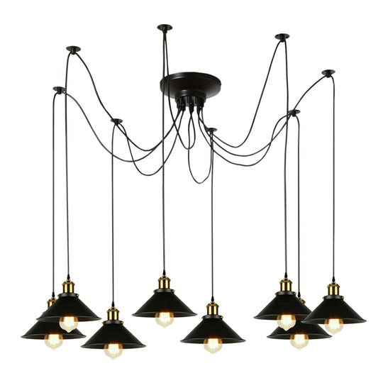 8-Light Spider Pendant – Flat Cone Shades, Black or Copper, E27 - Yellow Brass, Flat Cone 22 cm Black, Without Bulb