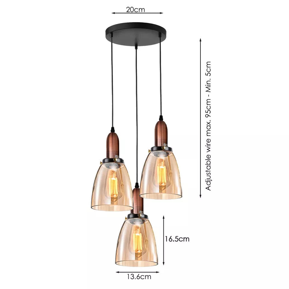 3-Light Amber Glass Bell Pendant – Copper, Round Plate or Bar - photo 3