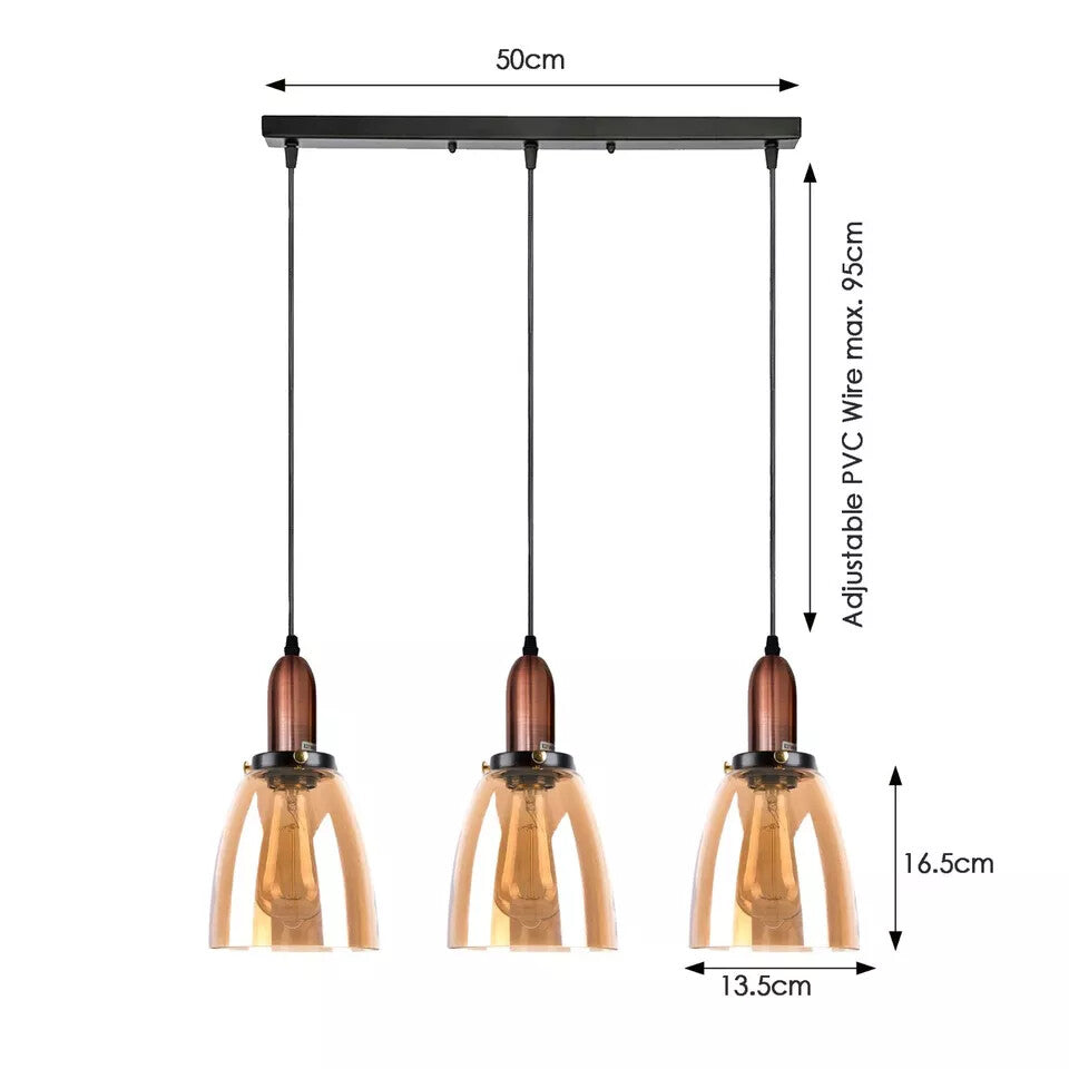 3-Light Amber Glass Bell Pendant – Copper, Round Plate or Bar - photo 4