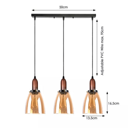 3-Light Amber Glass Bell Pendant – Copper, Round Plate or Bar - photo 4