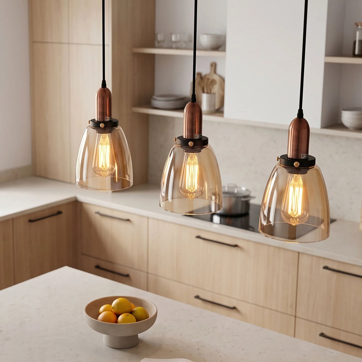 3-Light Amber Glass Bell Pendant – Copper, Round Plate or Bar - photo 5