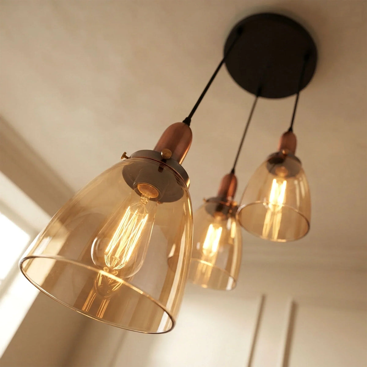 3-Light Amber Glass Bell Pendant – Copper, Round Plate or Bar - Copper, Amber Glass Bell, Round Plate, 3 x ST64 LED Bulbs 4W