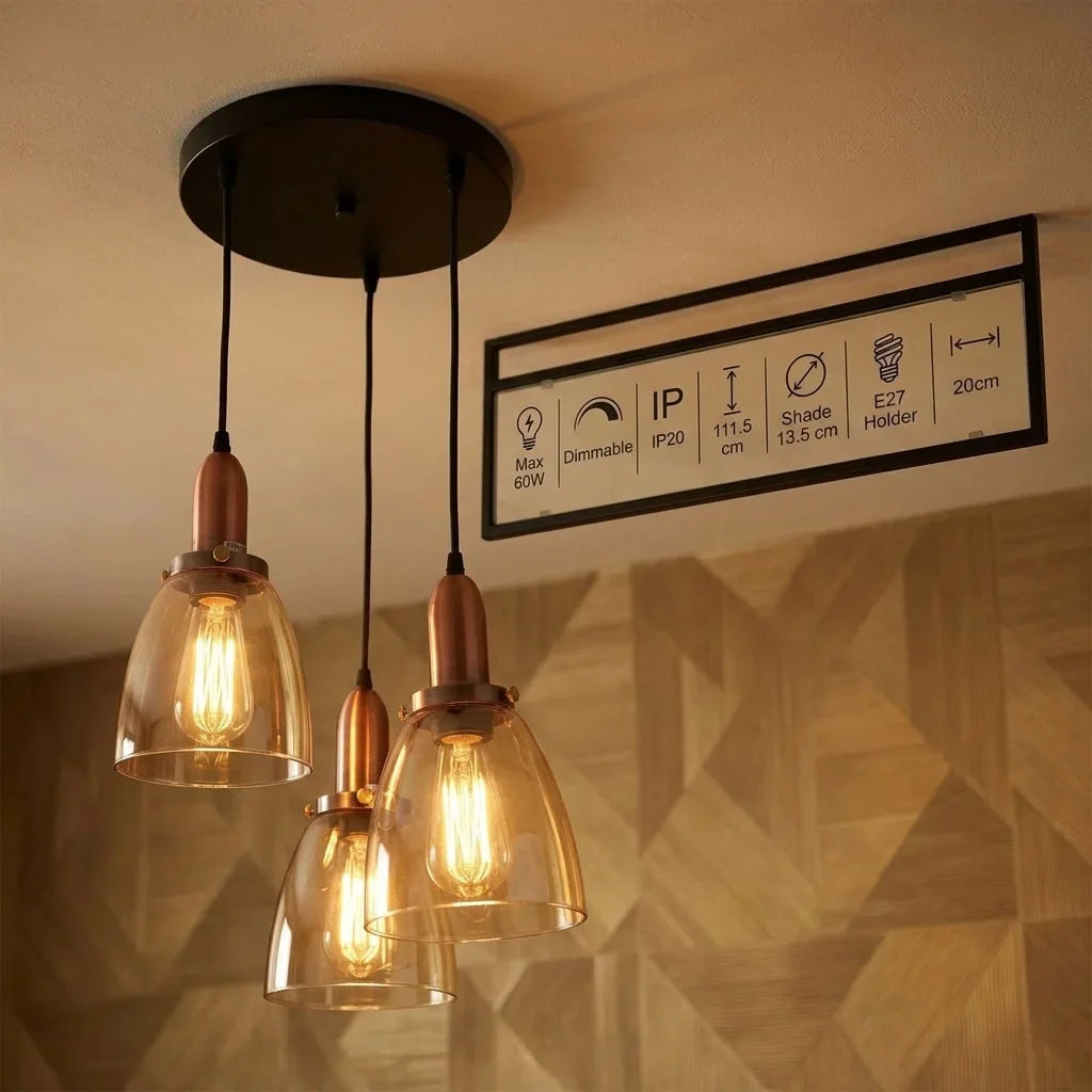 3-Light Amber Glass Bell Pendant – Copper, Round Plate or Bar - Copper, Amber Glass Bell, Round Plate, Without Bulb