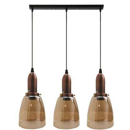 3-Light Amber Glass Bell Pendant – Copper, Round Plate or Bar - Copper, Amber Glass Bell, Bar, Without Bulb