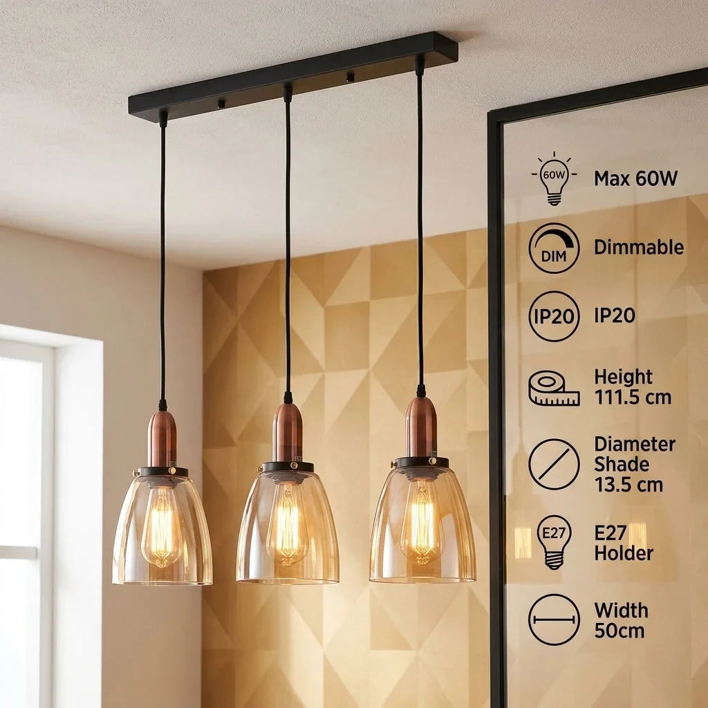 3-Light Amber Glass Bell Pendant – Copper, Round Plate or Bar - Copper, Amber Glass Bell, Bar, 3 x ST64 LED Bulbs 4W