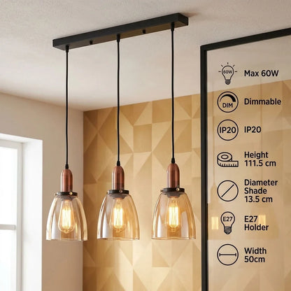 3-Light Amber Glass Bell Pendant – Copper, Round Plate or Bar - Copper, Amber Glass Bell, Bar, 3 x ST64 LED Bulbs 4W