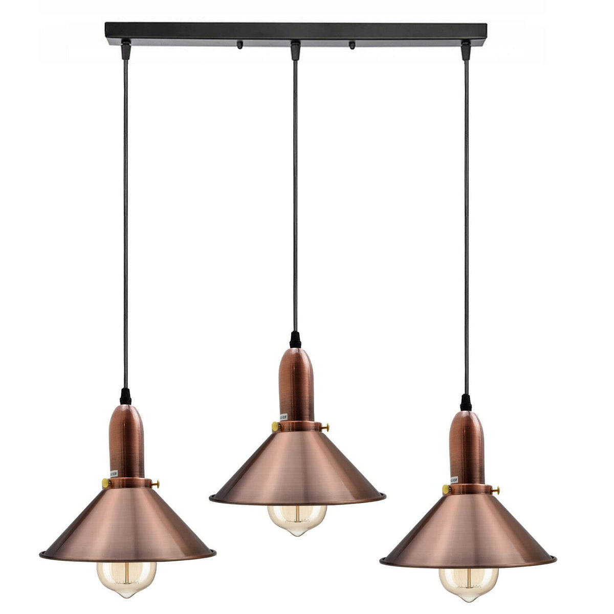 3-Light Amber Glass Bell Pendant – Copper, Round Plate or Bar - Copper, Flat Cone 22 cm Copper, Bar, Without Bulb