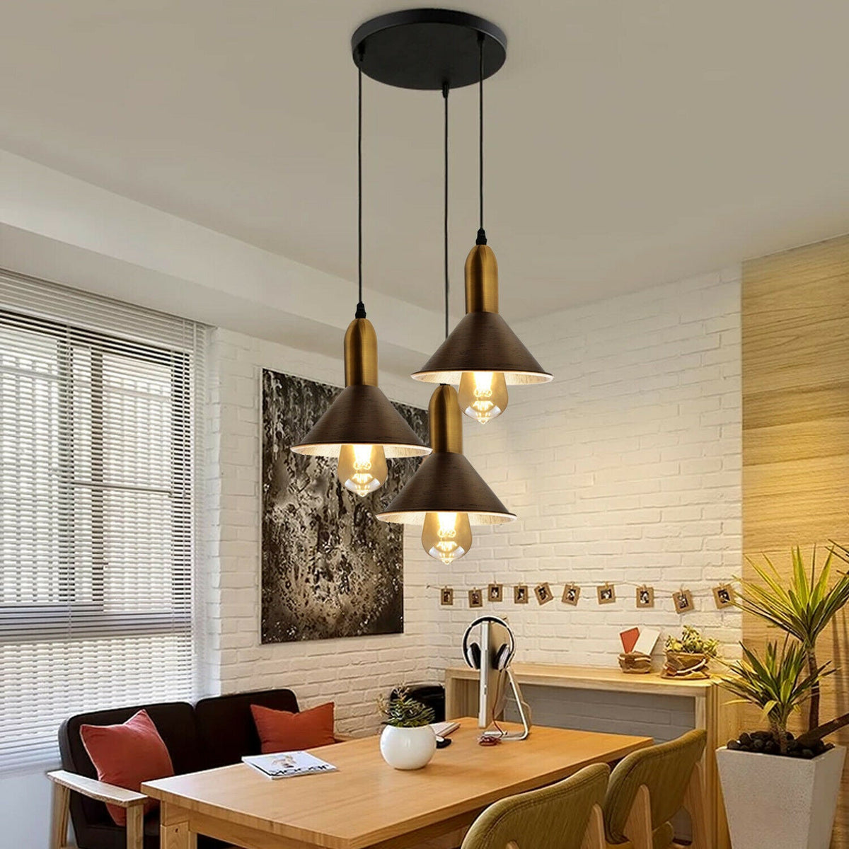 3-Light Amber Glass Bell Pendant – Copper, Round Plate or Bar - photo 10