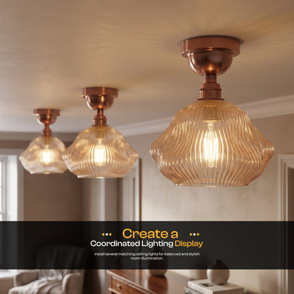 Amber Ribbed Glass Semi Flush Ceiling Light – Copper, E27 - photo 9