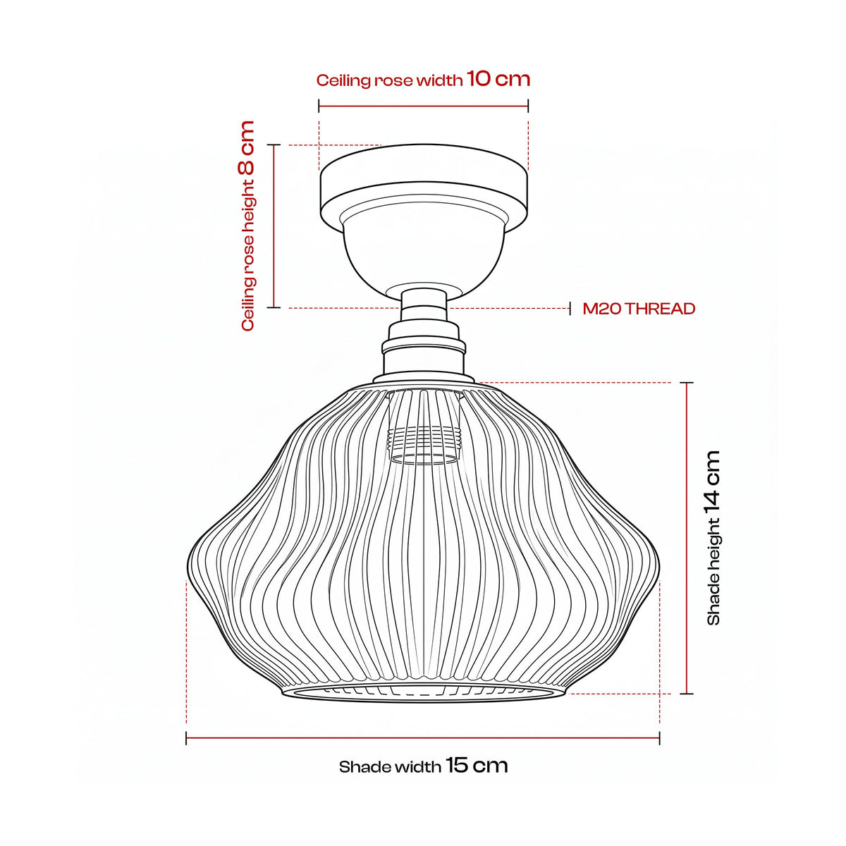 Amber Ribbed Glass Semi Flush Ceiling Light – Copper, E27 - photo 2