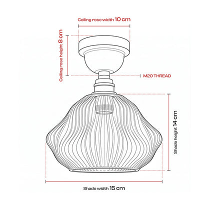 Amber Ribbed Glass Semi Flush Ceiling Light – Copper, E27 - photo 2