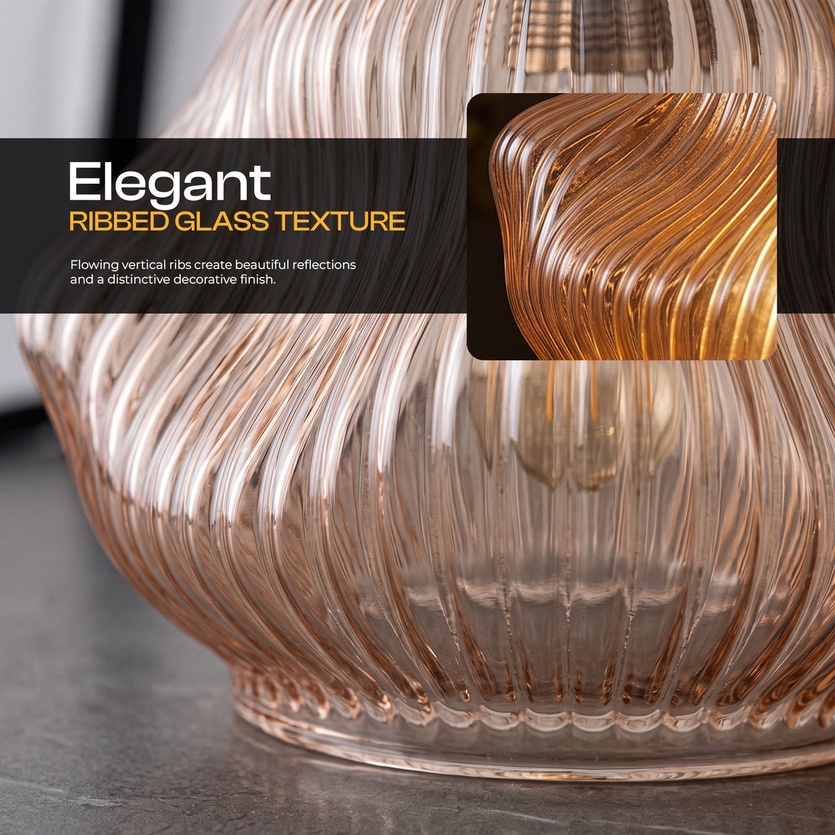 Amber Ribbed Glass Semi Flush Ceiling Light – Copper, E27 - photo 3