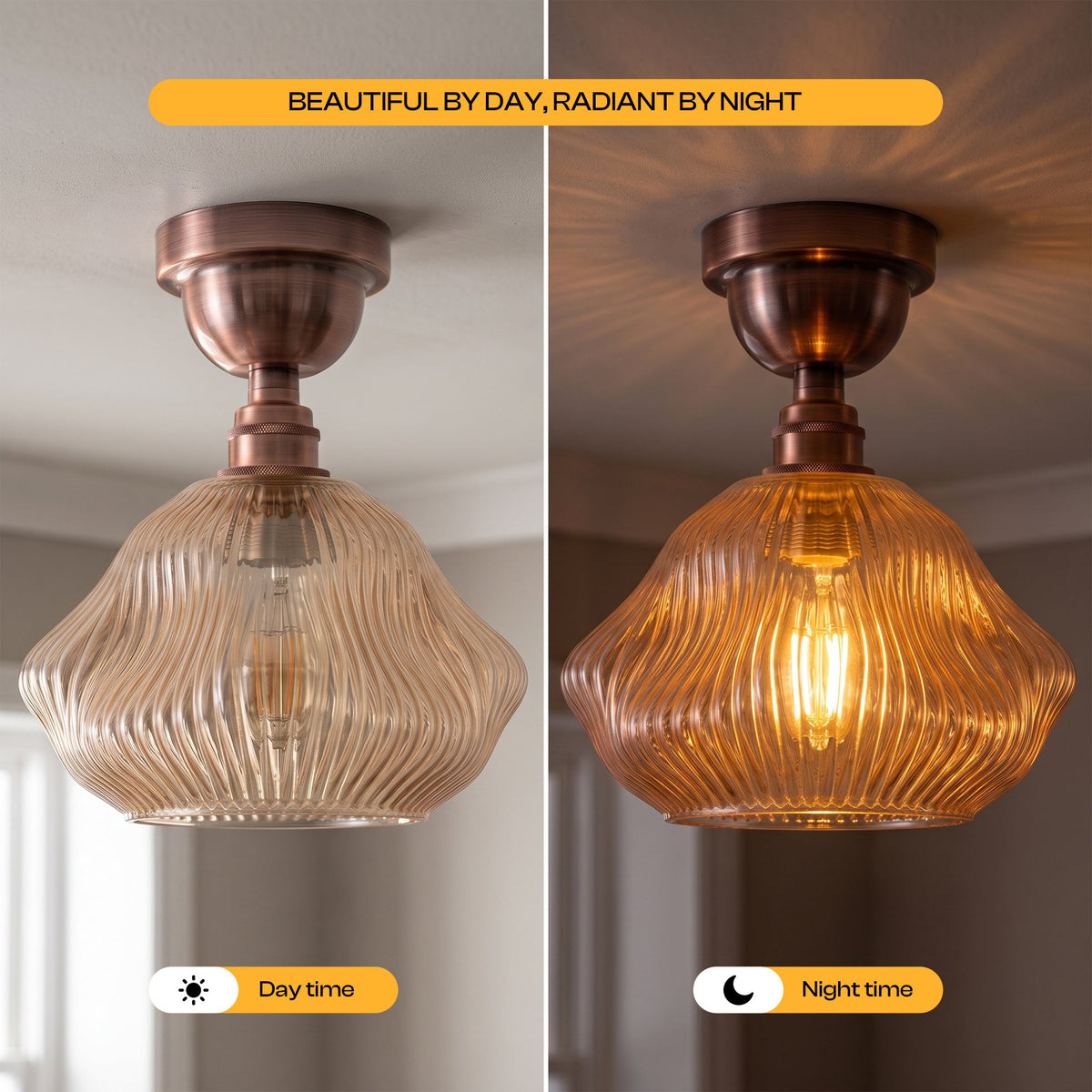 Amber Ribbed Glass Semi Flush Ceiling Light – Copper, E27 - photo 4
